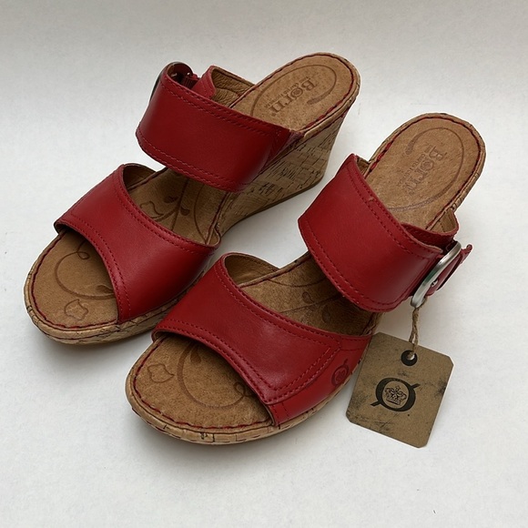 Born Sz 9 Red Leath Upper Shoe Wedge Cork Sole - Picture 3 of 7